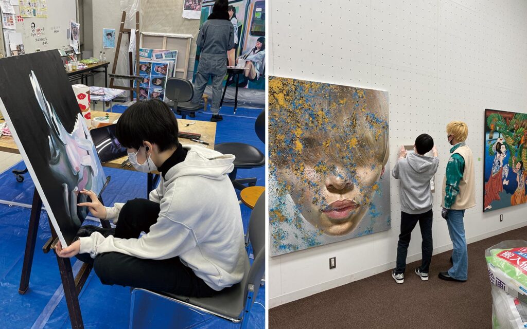 絵画科の学生が卒業制作の絵画の制作や、会場での作品展示の作業をしているところ