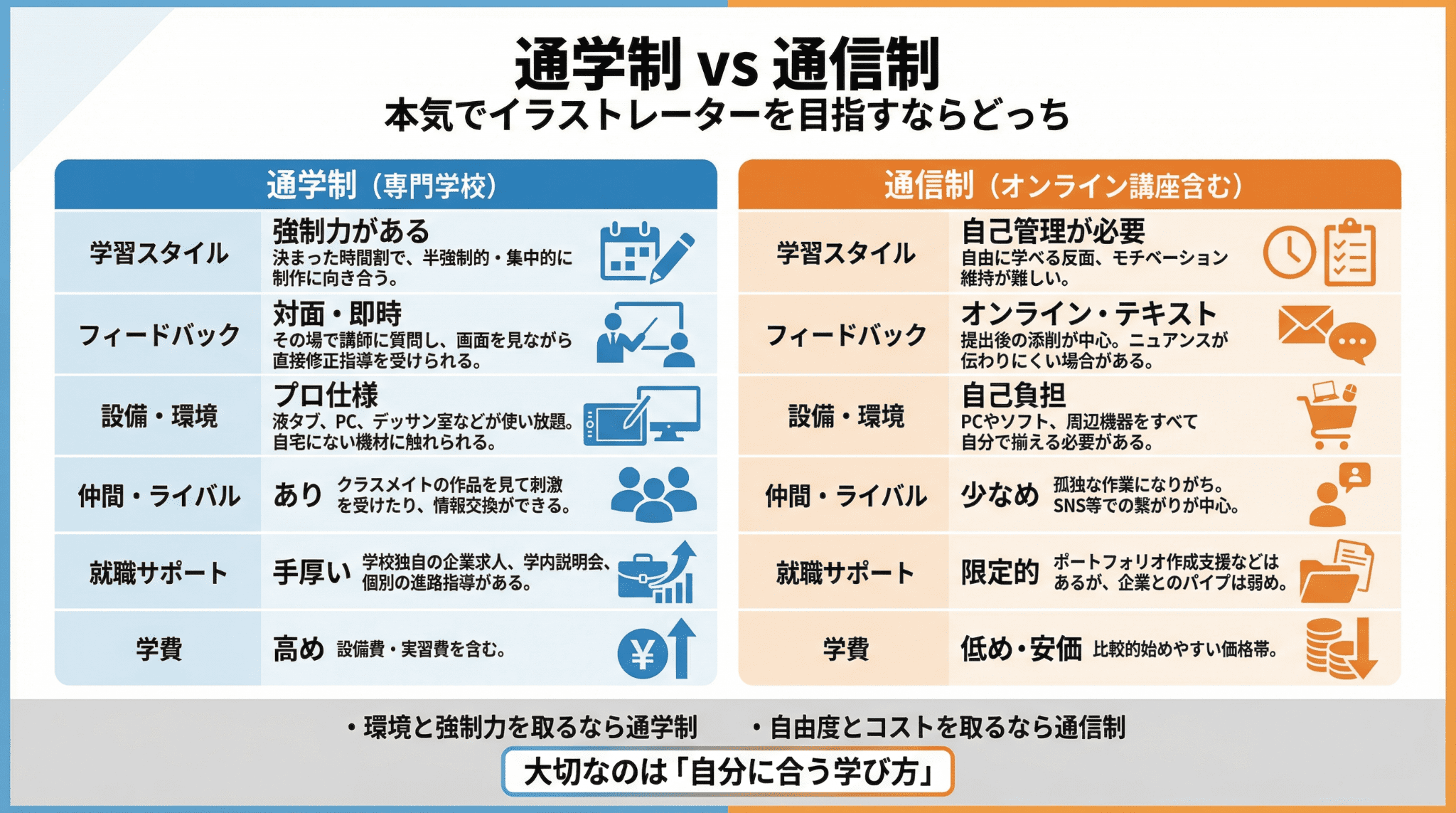 イラストレーターを目指す際の通学制専門学校と通信制の違いを徹底比較。学習の強制力、フィードバックの質、就職サポートの構造など、教育現場の視点から自分に合った学びの環境を選ぶための具体的な判断基準を提示します。